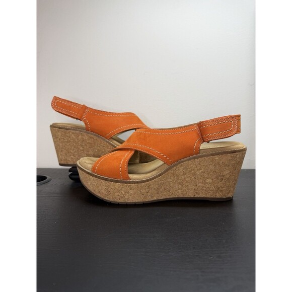 Clarks Aisley Tulip Sandals Suede Wedge Heels Slingback Orange Women’s Sz 8 - Picture 1 of 10